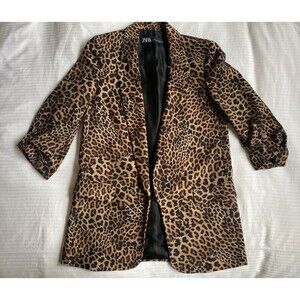 Zara Leopard Animal Print Open Front 3/4 Sleeve Lightweight Blazer Jacket Sz XS